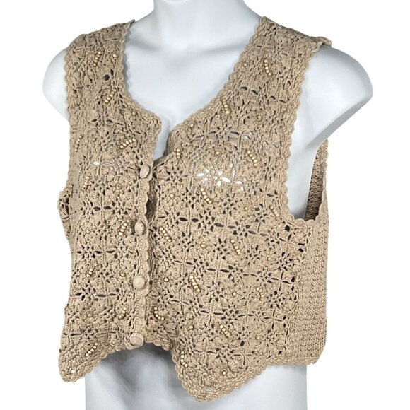 Hunt Club Womans 16W Crochet Beaded Knit Beige Button-Up Vest Cottagecore Top - Picture 5 of 11